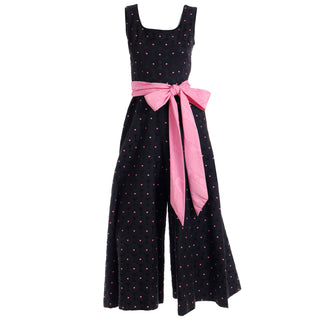 1960s Vintage Black Tonal Floral & Pink Dot Jumpsuit W Pink Satin Sash