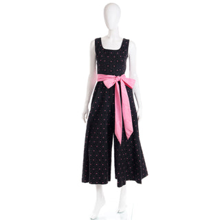 1960s Vintage Black Tonal Floral & Pink Dot wide leg Jumpsuit W Pink Satin Sash