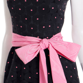 1960s Vintage Black Tonal Floral & Pink Dot Jumpsuit W Pink Satin Sash 60s 70s