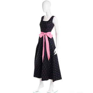 1960s Vintage Black Tonal Floral & Pink Dot Jumpsuit W Pink Satin Sash a great Dress Alternative