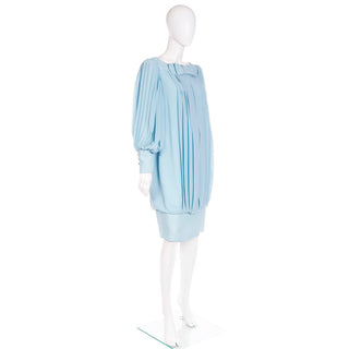 1960s Blue Silk Chiffon Pleated Dress With Banded Hemline With Bow