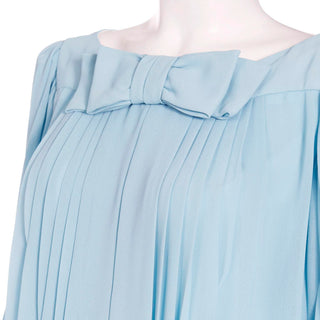 1960s Blue Silk Chiffon Pleated Dress With Banded Hemline and Bow