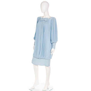 Unique 1960s Blue Silk Chiffon Pleated Dress With Banded Hemline