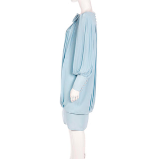 1960s Blue Silk Chiffon Pleated Dress W Banded Hemline