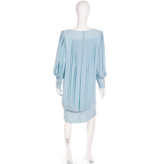 1960s Blue Silk Chiffon Pleated Dress With Banded Hemline Draped