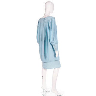 Unique 1960s Blue Silk Chiffon Pleated Dress With Banded Hemline M