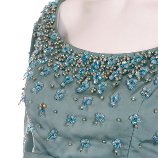 1960s Blue Heavily Beaded Vintage Evening Dress With Satin Bow and Clusters of beads