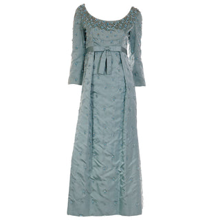 1960s Blue Heavily Beaded Vintage Evening Dress With Satin Bow S. Paula Vogue Paris label