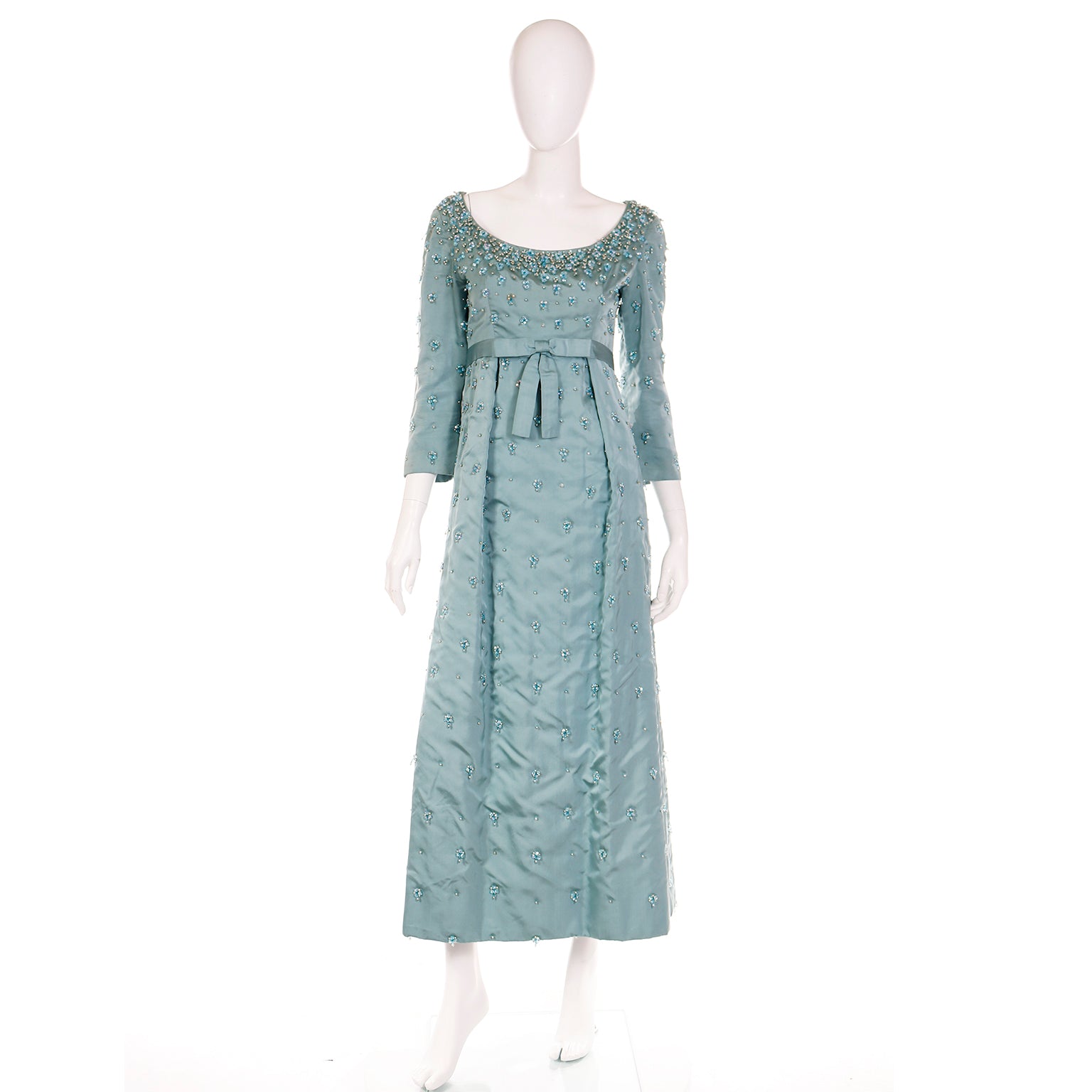 Vintage 1960s Blue Heavily Beaded Evening Gown Dress With Satin Bow Modig Vintage 1960s Blue Heavily Beaded Evening Gown Dress With Satin Bow Modig