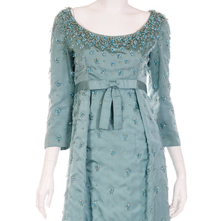 1960s Blue Heavily Beaded Vintage Evening Empire Waist Dress With Satin Bow