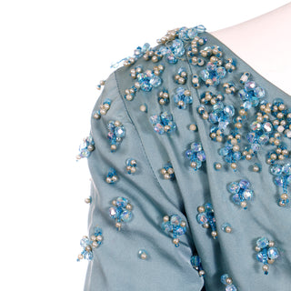 1960s Blue Heavily Beaded Vintage Evening Dress W Satin Bow
