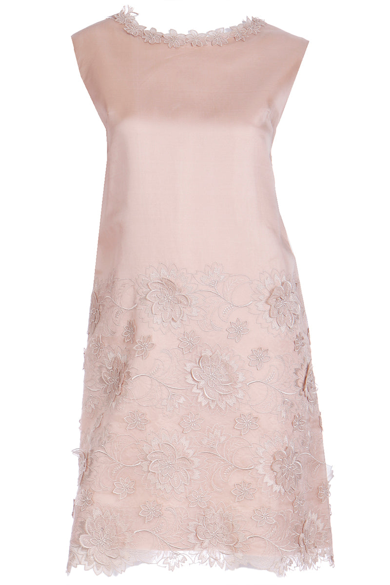 Vintage 1960s Sleeveless Shift Dress W 3d Organza Floral Applique