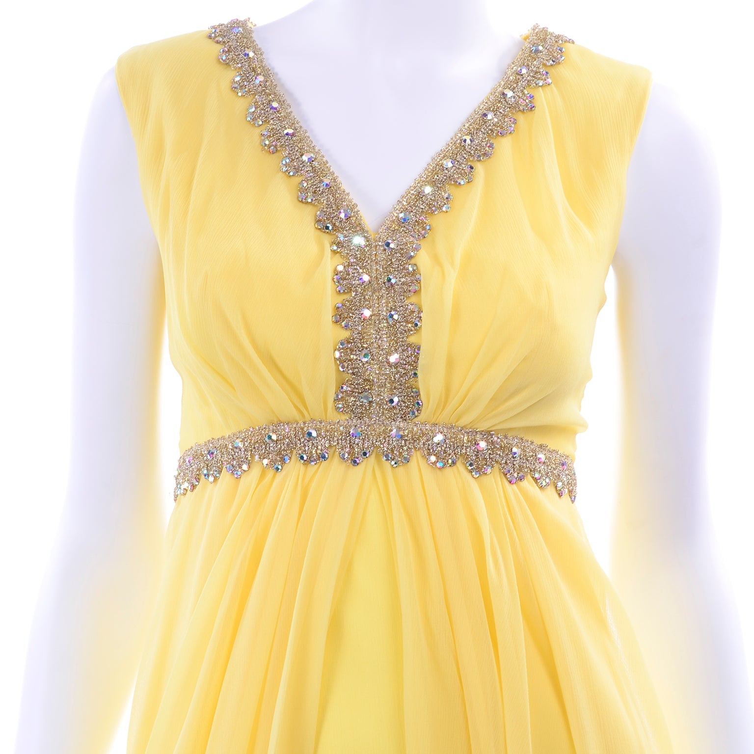 1960s Lemon Yellow Silk Chiffon Evening Dress w/ Gold Trim & Rhineston Modig 1960s Lemon Yellow Silk Chiffon Evening Dress w/ Gold Trim & Rhineston Modig