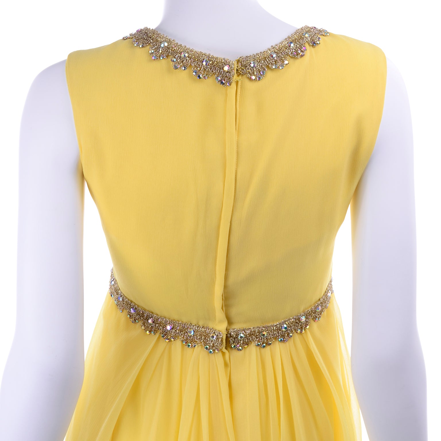 1960s Lemon Yellow Silk Chiffon Evening Dress w/ Gold Trim & Rhineston Modig 1960s Lemon Yellow Silk Chiffon Evening Dress w/ Gold Trim & Rhineston Modig
