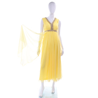1960s Yellow Chiffon Evening Dress with Flyaway Panels