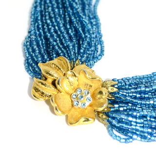 1960s Multi Strand Blue Glass Torsade Necklace w/ Gold Flower Clasp