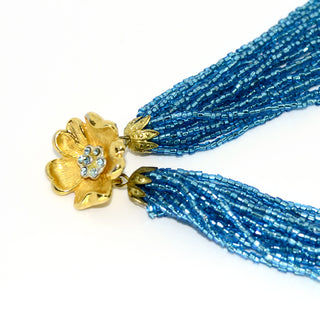 1960s Multi Strand Blue Glass Torsade Necklace w/ Gold Flower Clasp
