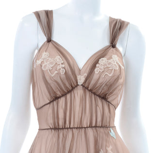 1960s's Brown Sheer Chiffon Nightgown w/ Lace & Butterfly Applique Detail
