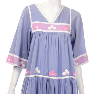 1960s Vintage Periwinkle Blue Vintage Cotton Dress with Applique V neck