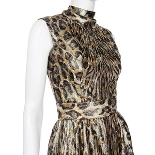 Vintage 1960s Metallic Leopard Print Evening Dress mock neck & belt