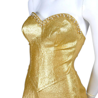 Gold vintage jumpsuit in stretch lurex with rhinestone and pearl bustline