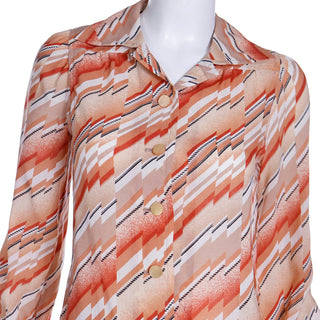 1970s Vintage Emanuel Ungaro Chevron Abstract Orange Print Shirt Dress 