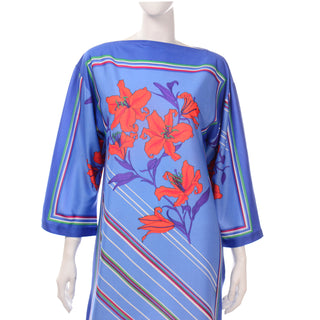 1970s Vintage blue Maxi dress with orange hibiscus flowers
