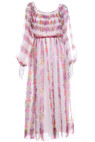 1970s Vintage Floral Chiffon Maxi Dress With Sheer Bishop Sleeves