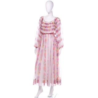Rona 1970s Vintage Floral Chiffon Maxi Dress With Sheer Bishop Sleeves