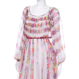 Flowing 1970s Vintage Floral Chiffon Maxi Dress With Sheer Bishop Sleeves
