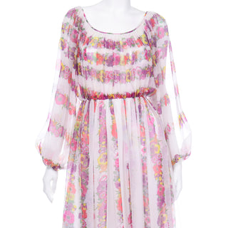 1970s Vintage Floral Chiffon Maxi Dress With Sheer Bishop Sleeves flowing