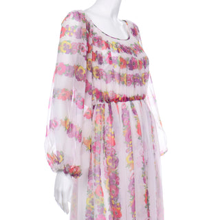 1970s Vintage Floral Chiffon Maxi Dress With Sheer Bishop Sleeves Rona