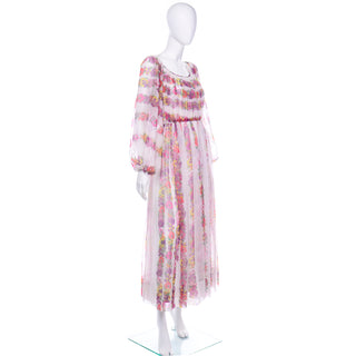 1970s Vintage Multi Colored Floral Chiffon Maxi Dress With Sheer Bishop Sleeves