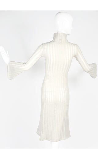 1970s Vintage Ivory Cream Knit Bell Sleeve Dress Turtleneck