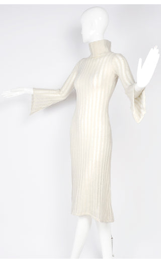 1970s Ivory Cream Knit Bell Sleeve Vintage Dress