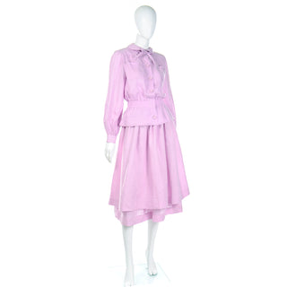 1970s Valentino Purple Linen 2 Pc Dress w Tiered Skirt & Blouse Made in France