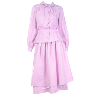 1970s Valentino Purple Linen 2 Pc Dress w Tiered Skirt & Blouse w tie made in France in the 70s
