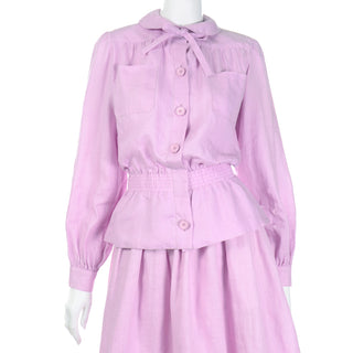 1970s Valentino Purple Linen 2 Pc Dress w Tiered Skirt & Blouse Outfit France