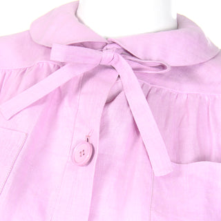 1970s Valentino Purple Linen 2 Pc Dress w Tiered Skirt & Blouse w Tie