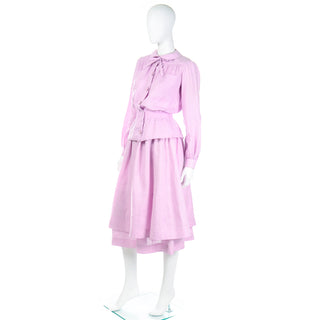 1970s Valentino Boutique Purple Linen 2 Pc Dress w Tiered Skirt & Blouse