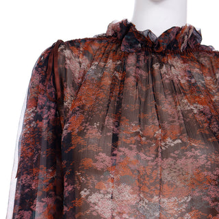1977 Yves Saint Laurent Les Chinoises Couture Brown & Orange Silk Chiffon Blouse with ruffled collar