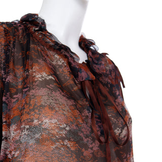 1977 Yves Saint Laurent Les Chinoises Couture Brown & Orange Silk Chiffon Blouse Asian Print