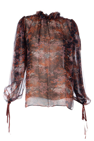 1977 Yves Saint Laurent Les Chinoises Couture Brown & Orange Silk Chiffon Blouse