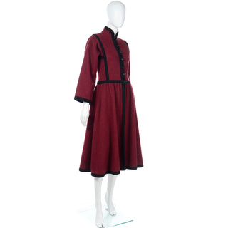 1976 YSL Russian Collection Burgundy Wool Coat with Black Trim