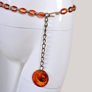 Amber Lucite Chain Link Belt or Necklace with Circle Medallion - Dressing Vintage