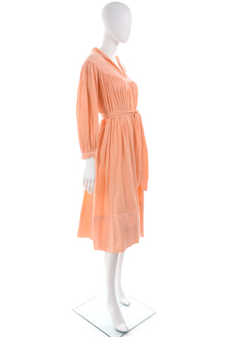 1970s Peach Cotton Gauze Gathered Yoke House Dress w/ Waist Tie