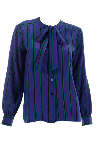 YSL Vintage Yves Saint Laurent Blouse in Purple Green Black Striped Silk