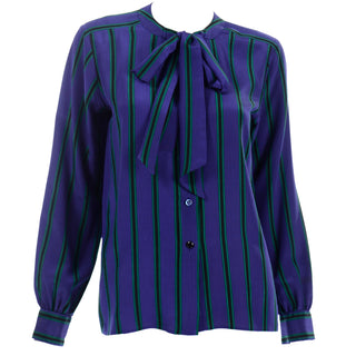 YSL Vintage Yves Saint Laurent Blouse in Purple Green Black Striped Silk S/M