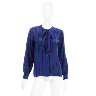 YSL Vintage Yves Saint Laurent Blouse in Purple Green and Black Striped Silk