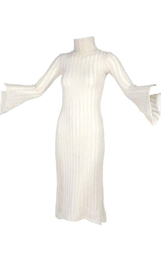 1970s Vintage Ivory Cream Knit Bell Sleeve Dress Wool Blend